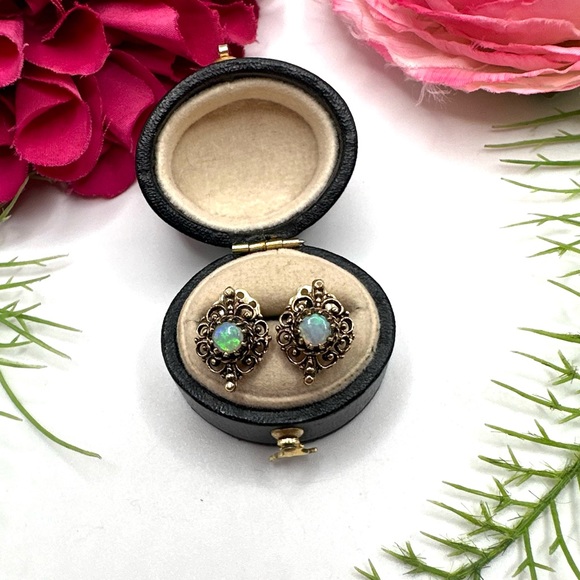 ANTIQUE⚜️14K Gold Opal Filigree Lace Earrings - Picture 3 of 13